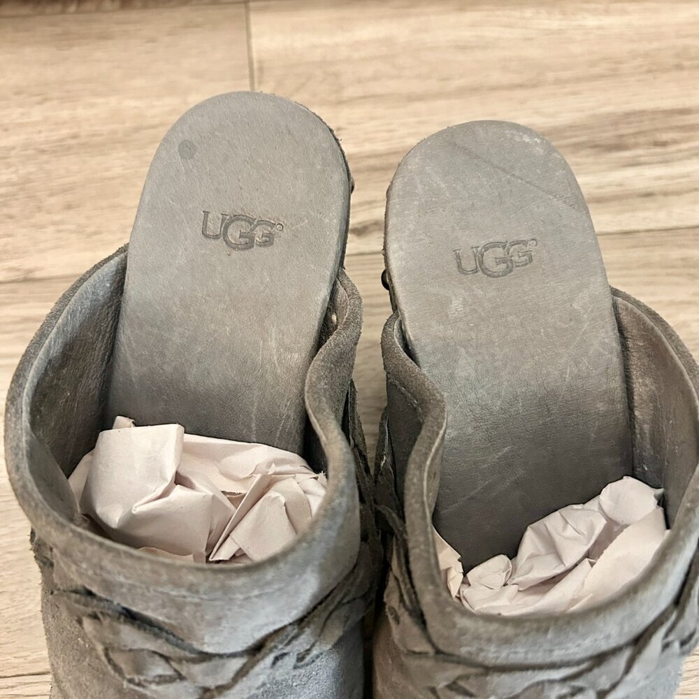 UGG Australia Dark Gray Fleece Kaylee Wooden Platform Clogs Size 9 - Picture 6 of 10
